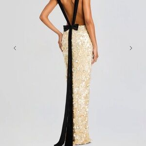 Elegant cream Sequin Gown with Black Bow